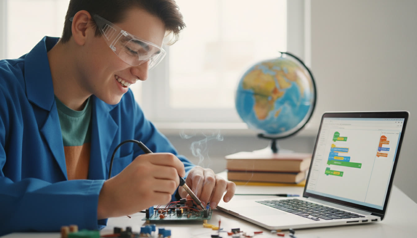 Photo Idea : Close-up of a student soldering a circuit board next to a laptop displaying a block-based programming interface