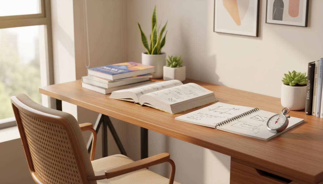 Photo Idea : A bright study desk with physics and maths books, an open notebook showing diagrams and equations, and a stopwatch.