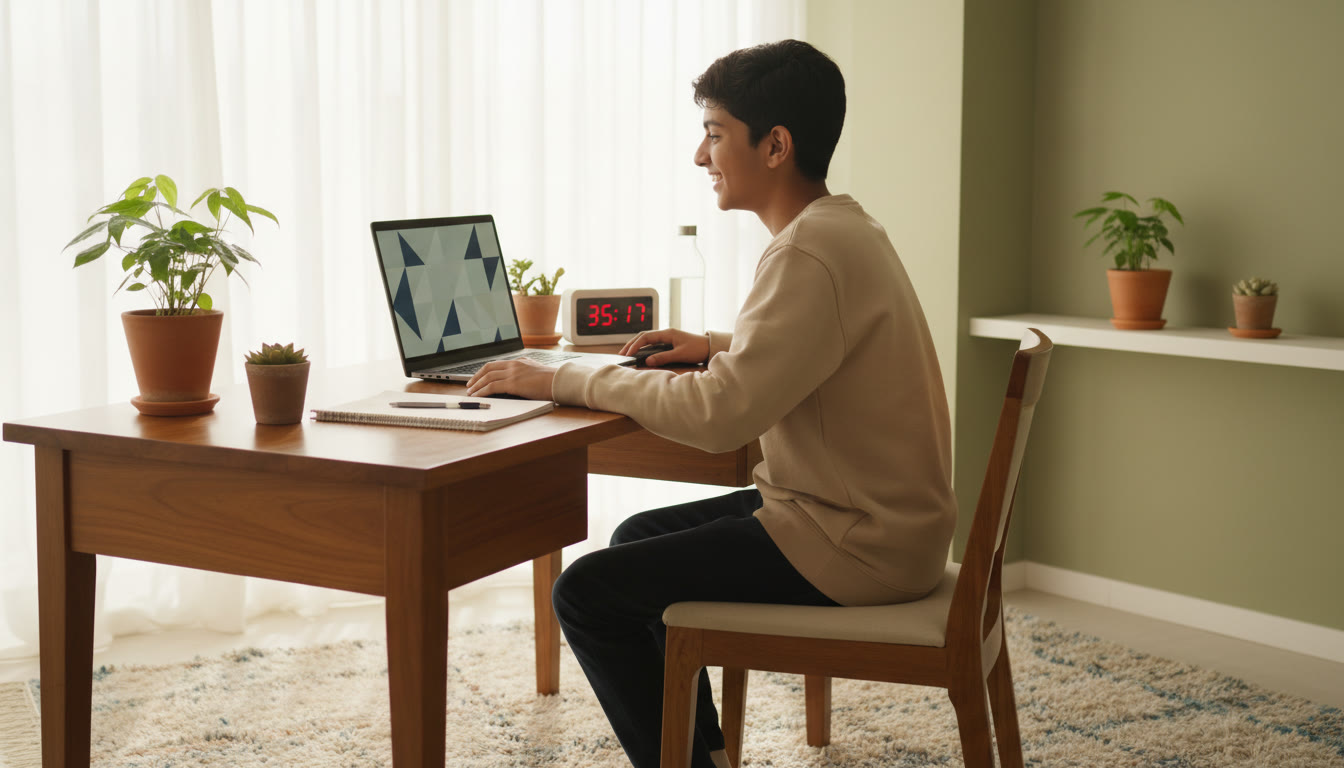 Photo Idea : Student taking a timed mock at a desk with laptop and timer visible