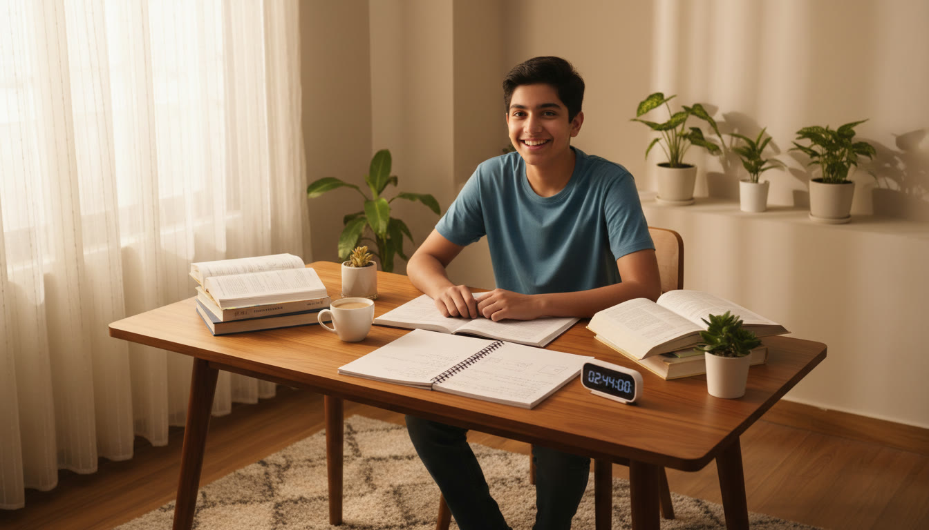Photo Idea : a student seated at a desk surrounded by open textbooks, a notebook, and a timer