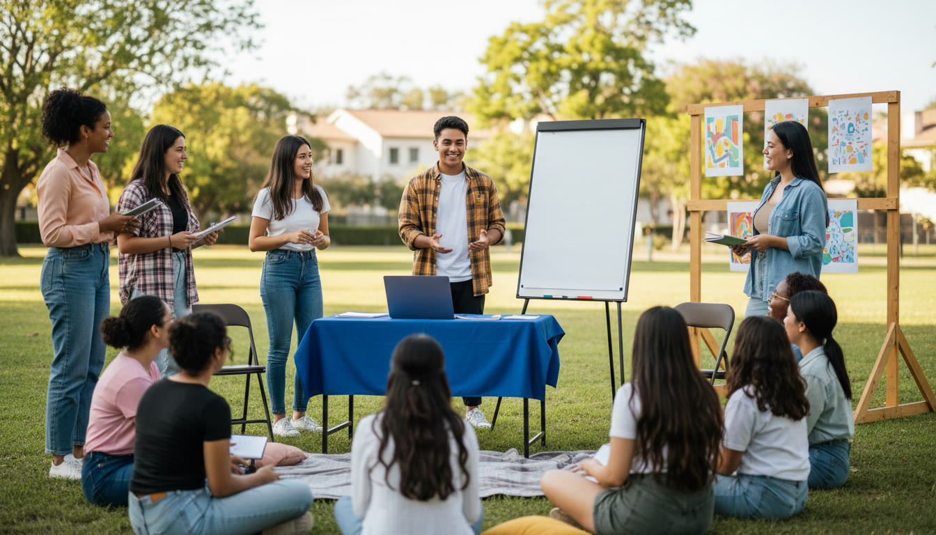Photo Idea : Student leading a small community workshop outdoors with posters, a laptop and smiling participants