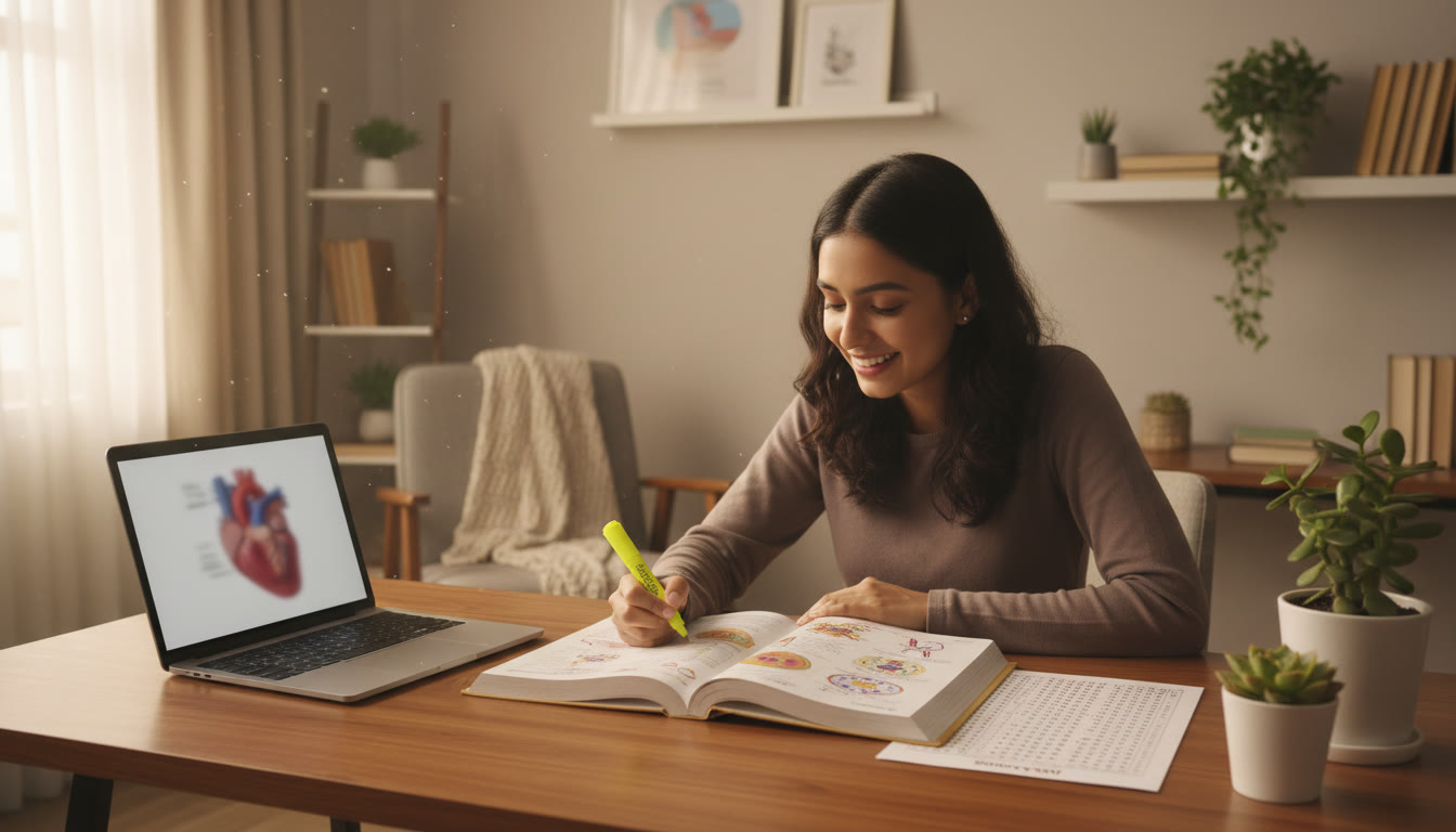 Photo Idea : Student highlighting NCERT biology while a mock OMR sheet lies beside a laptop