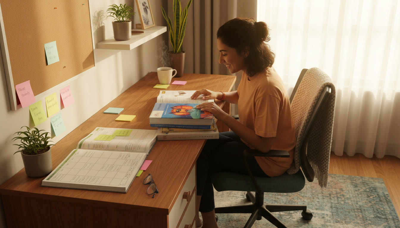 Photo Idea : A focused student at a desk with open textbooks, a planner, and sticky notes showing a weekly study plan