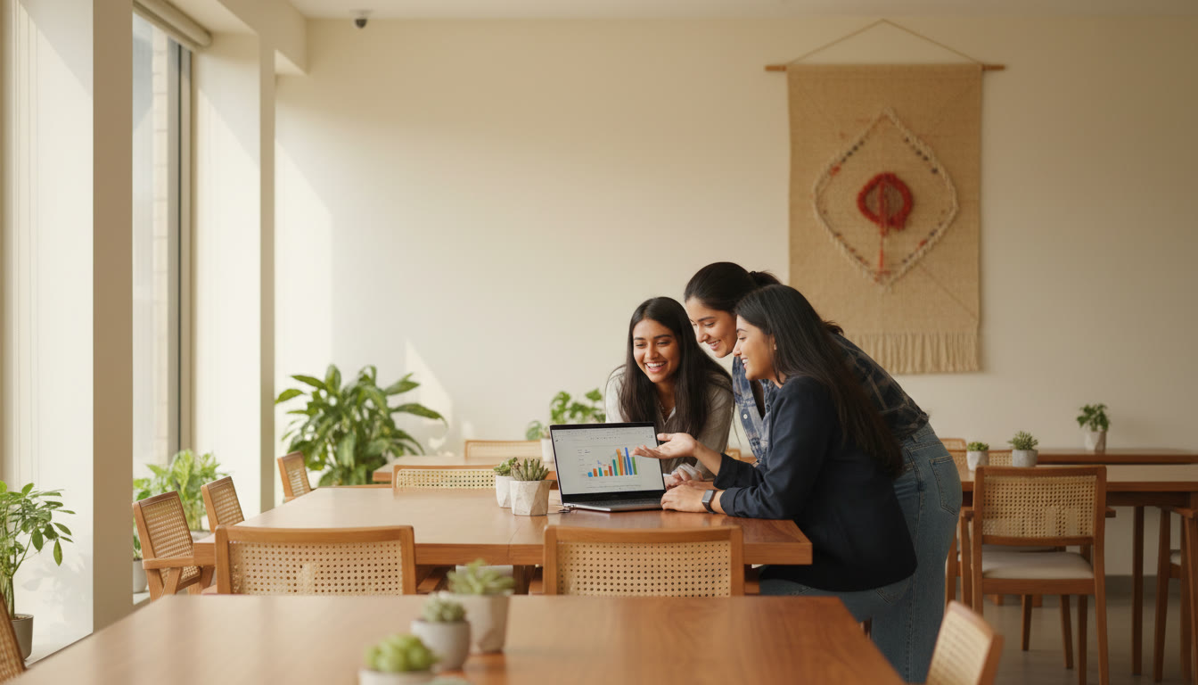 Photo Idea : A student presenting a project on a laptop to peers in a casual campus workspace