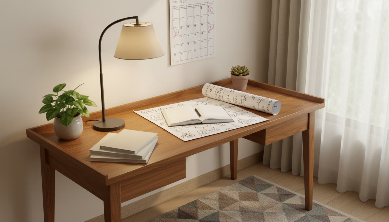 Photo Idea : a tidy study corner with labeled notebooks, a formula cheat-sheet, and a calendar showing mock test days