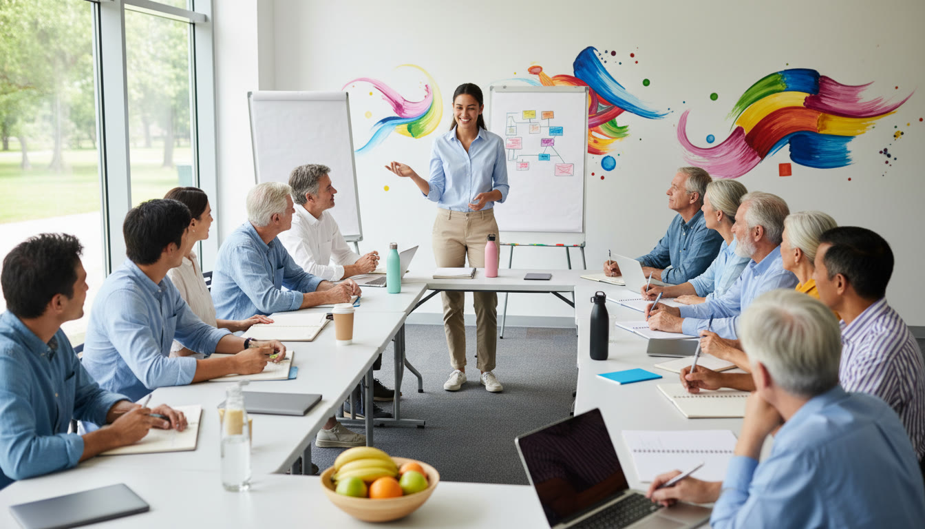 Photo Idea : A student facilitator leading a small community workshop with diverse attendees taking notes
