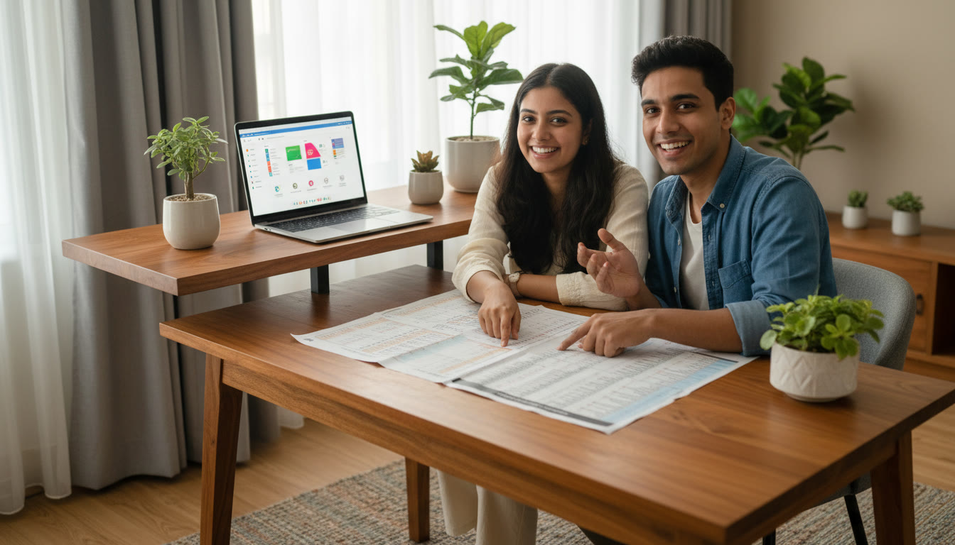 Photo Idea : Two students reviewing a printed preference list together, a laptop showing a counseling portal in the background