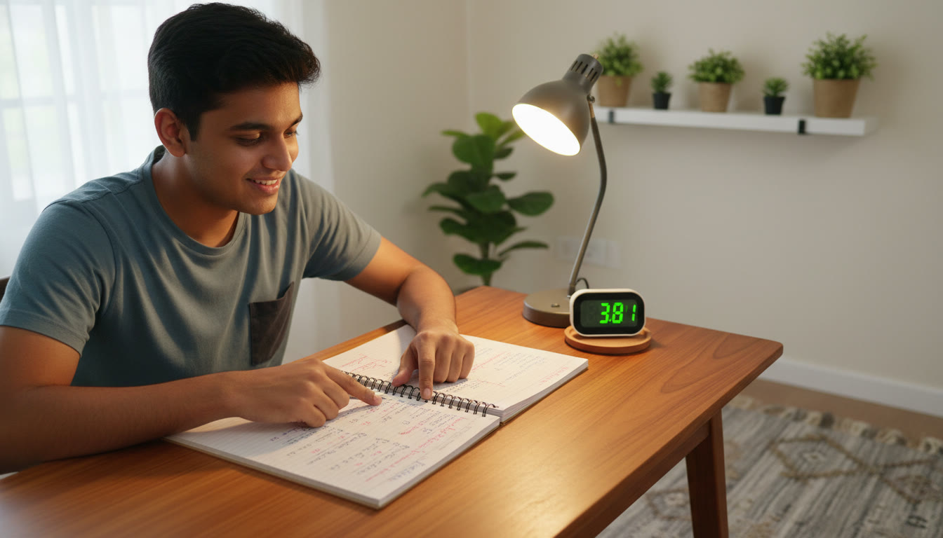 Photo Idea : A student reviewing a handwritten error log with solved MCQs and a timer in the background.