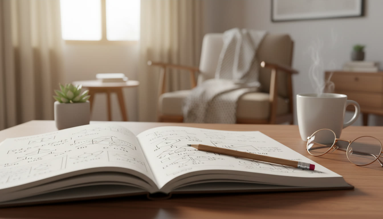 Photo Idea : Close-up of annotated notebook with formulas, flowcharts, and a pencil