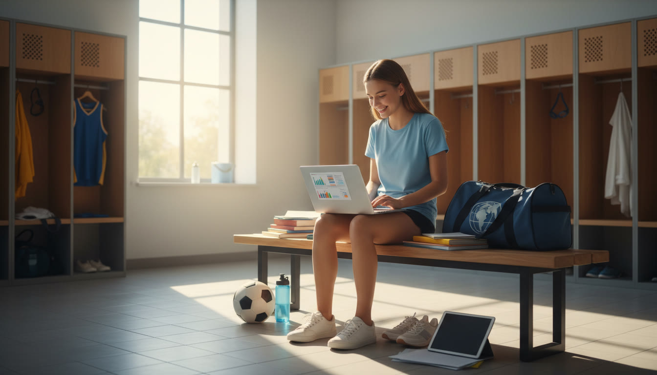 Photo Idea : Student athlete studying with a laptop and sports gear in a locker room