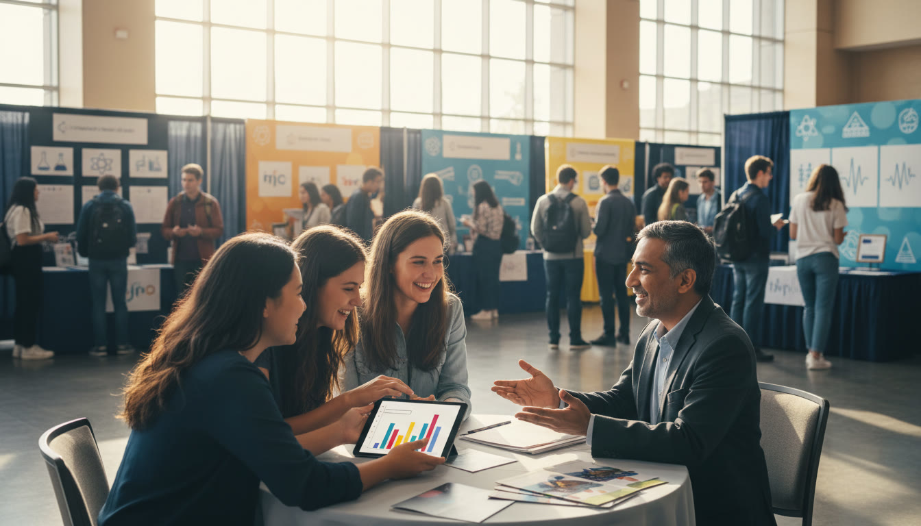 Photo Idea : Students at a college fair comparing majors and talking with a counselor