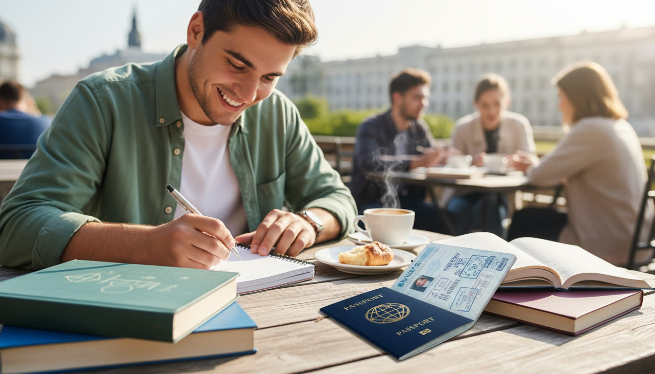 Photo Idea : Student writing in a notebook at a café with a passport and textbooks visible