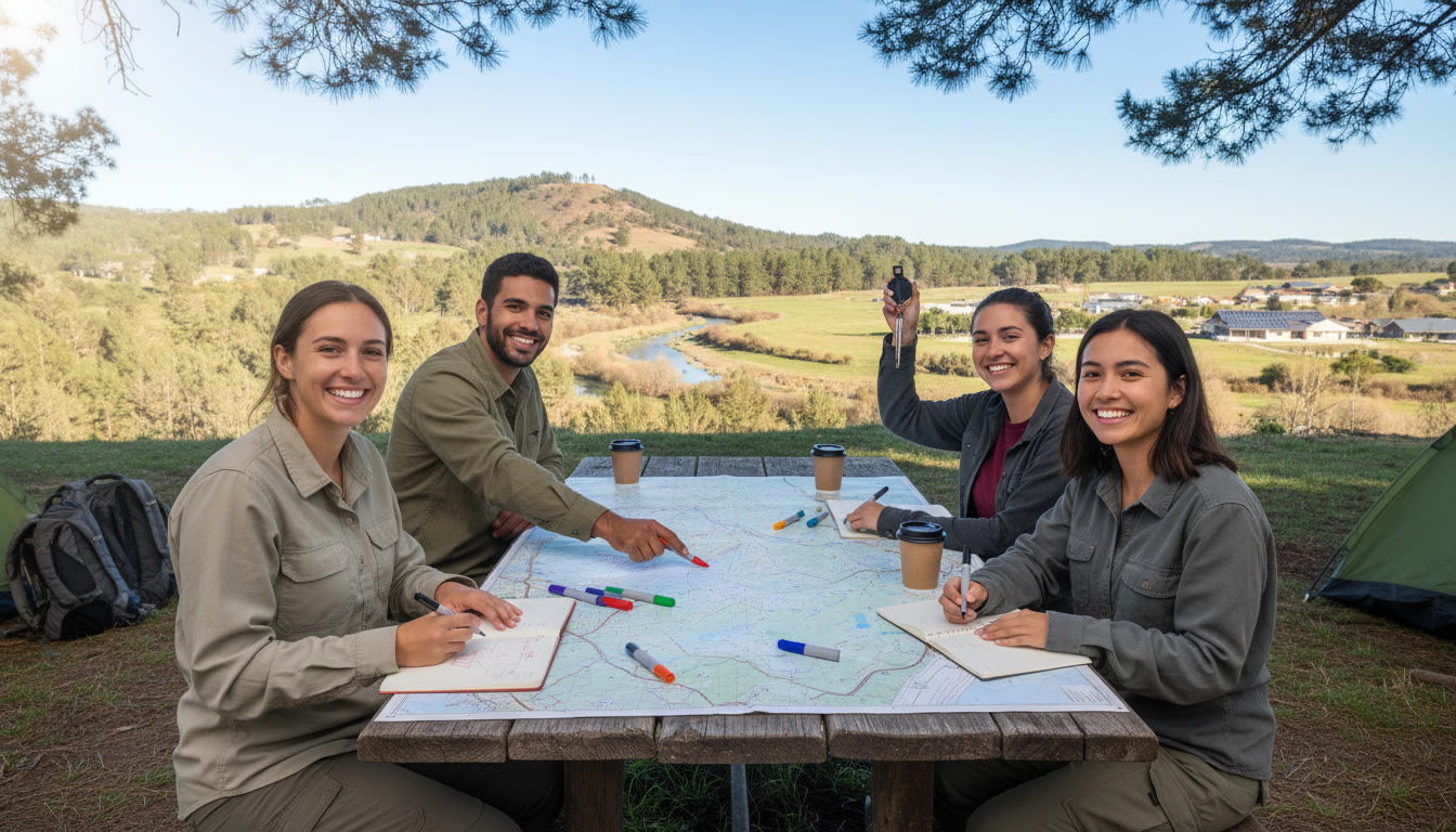 Photo Idea : Small group of students planning an outdoor service project at a table covered with maps and markers