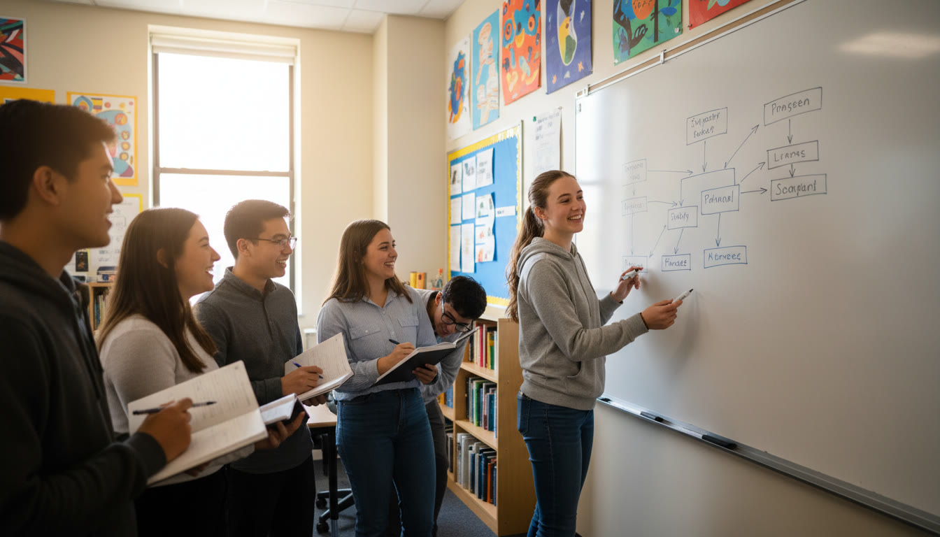 Photo Idea : A DP2 student explaining a project plan to a group of DP1 students on a whiteboard