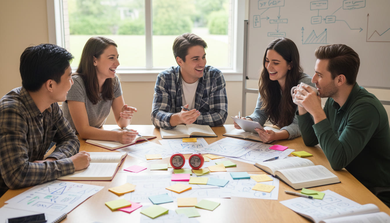 Photo Idea : A student group discussing past papers around a table with sticky notes and timers