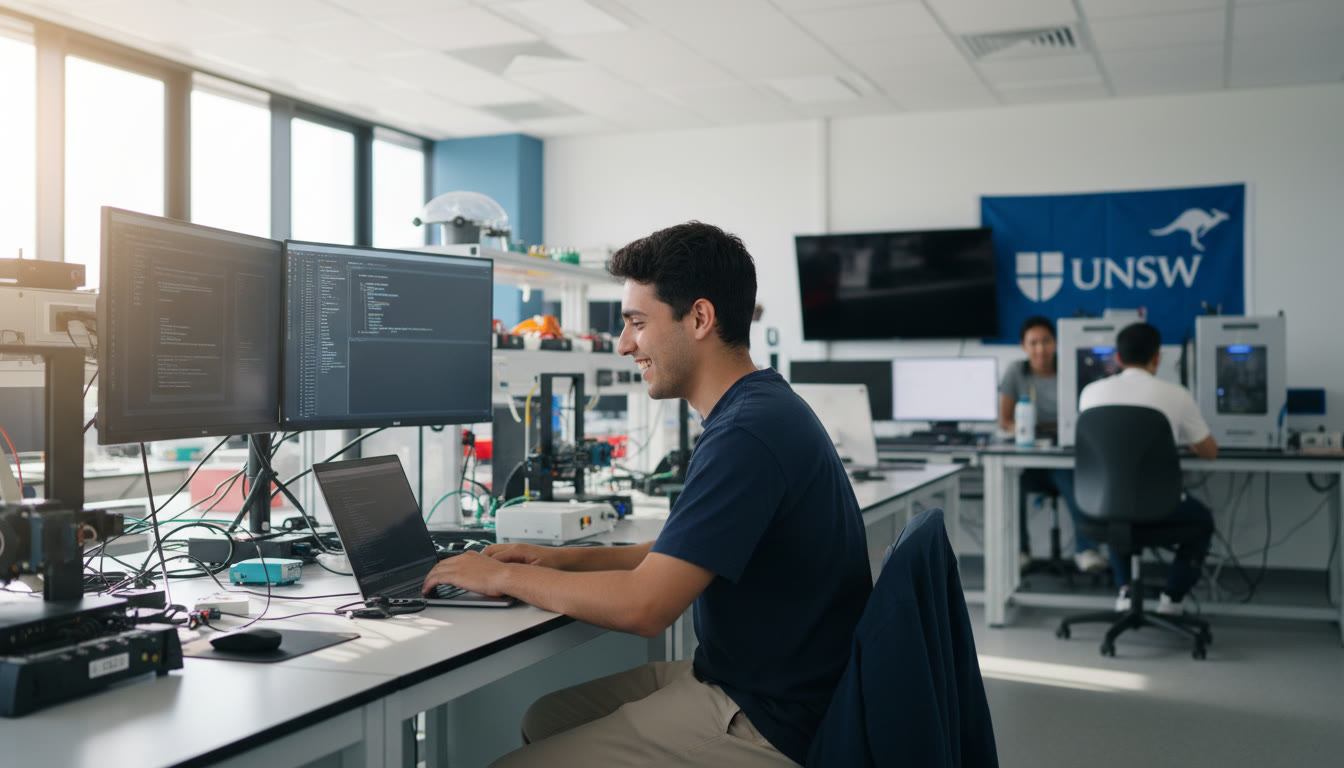 Photo Idea : A focused IB student coding on a laptop in a bright university engineering lab with UNSW branding subtle in the background