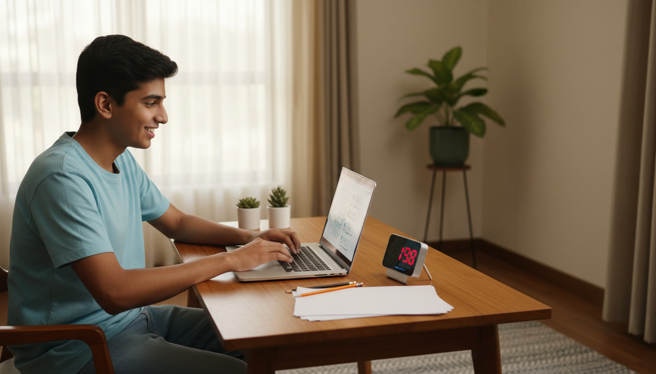 Photo Idea : Student seated at a study table taking a timed mock test on a laptop with a visible stopwatch and neat scrap paper
