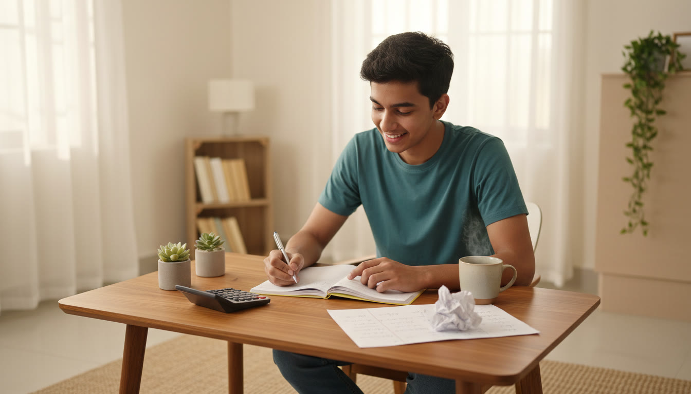 Photo Idea : Student at a study table solving physics problems with a calculator, notebook, and a formula sheet visible