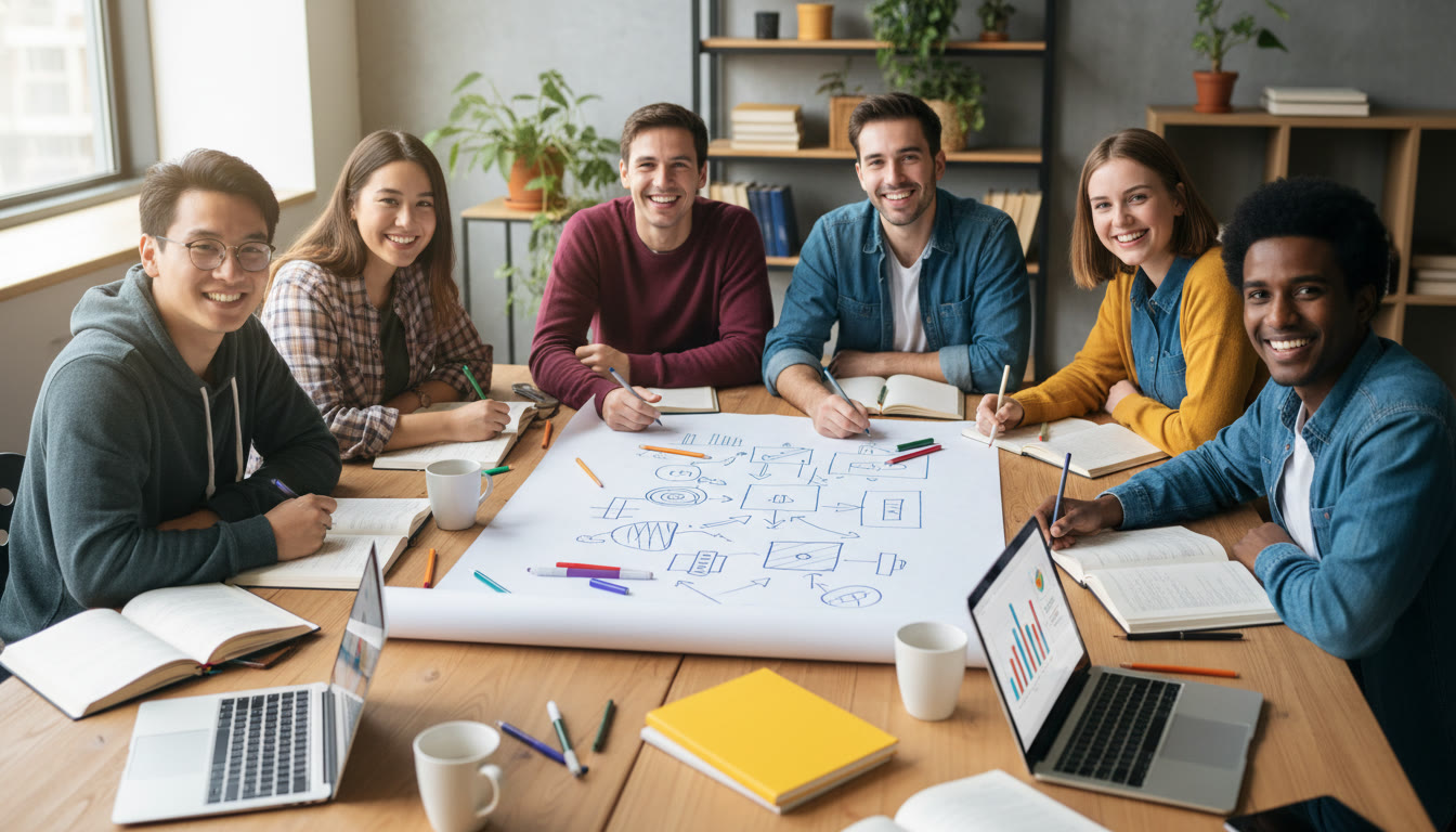 Photo Idea : A diverse group of IB students around a table, sketching a one-page plan on a large sheet of paper with laptops and notebooks