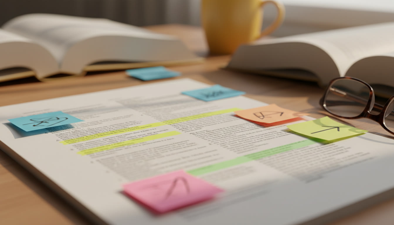 Photo Idea : Close-up of a bibliography page with highlighted entries and sticky notes