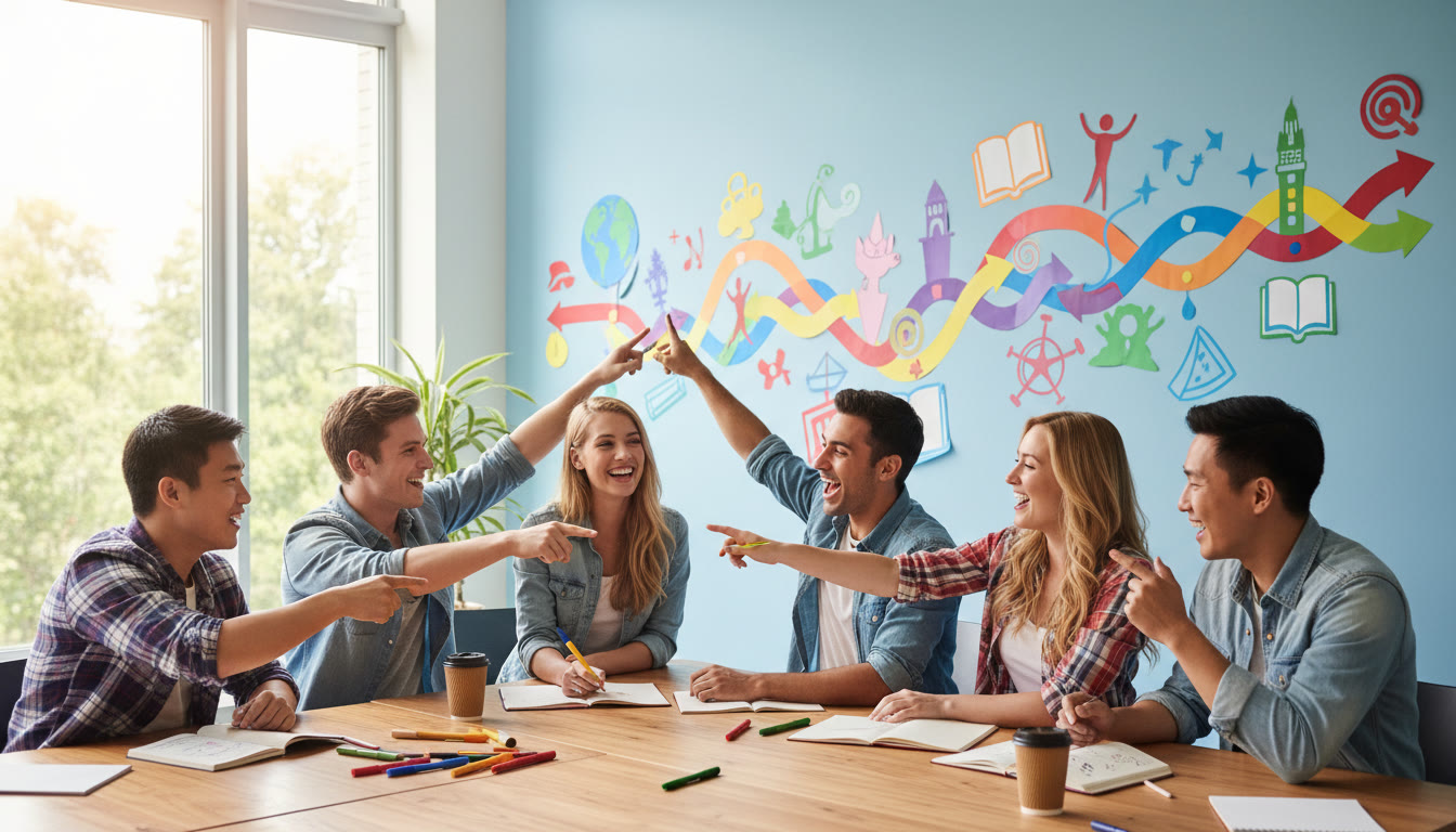 Photo Idea : A diverse group of students around a table, pointing at a colorful timeline pinned to a wall