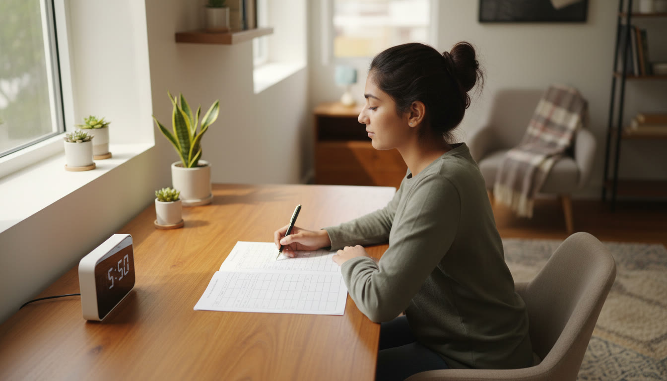 Photo Idea : a student calmly writing at a desk with a timer and clean answer-sheet layout