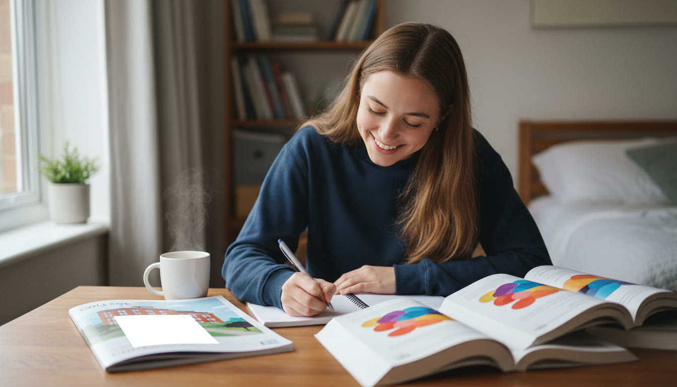 Photo Idea : Student writing at a desk with open IB textbooks and a college brochure nearby