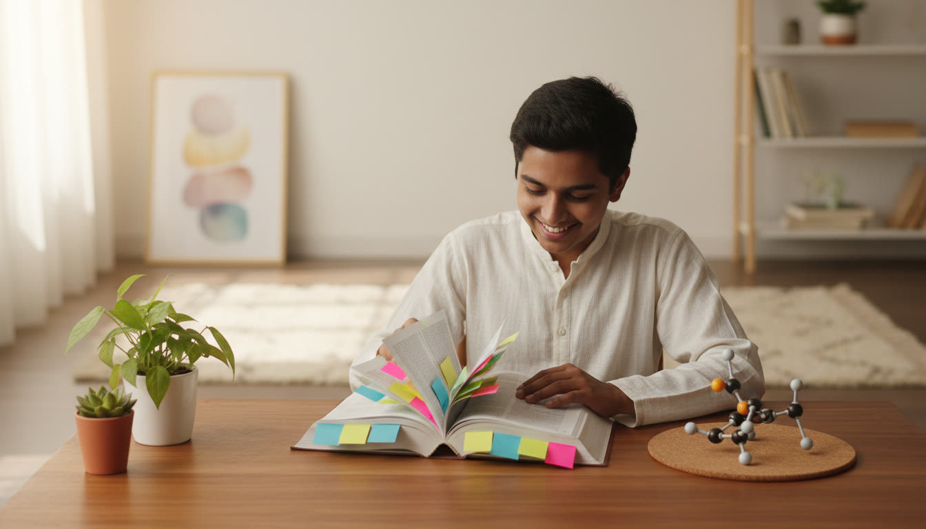 Photo Idea : Student flipping through a chemistry book with colourful sticky notes and a molecular model on the desk
