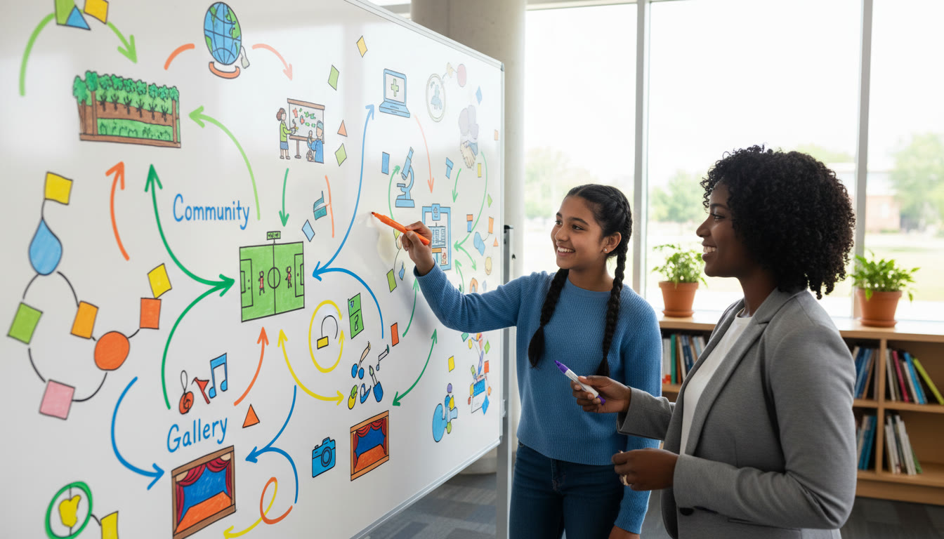 Photo Idea : Student and counselor mapping CAS activities to career paths on a colorful whiteboard