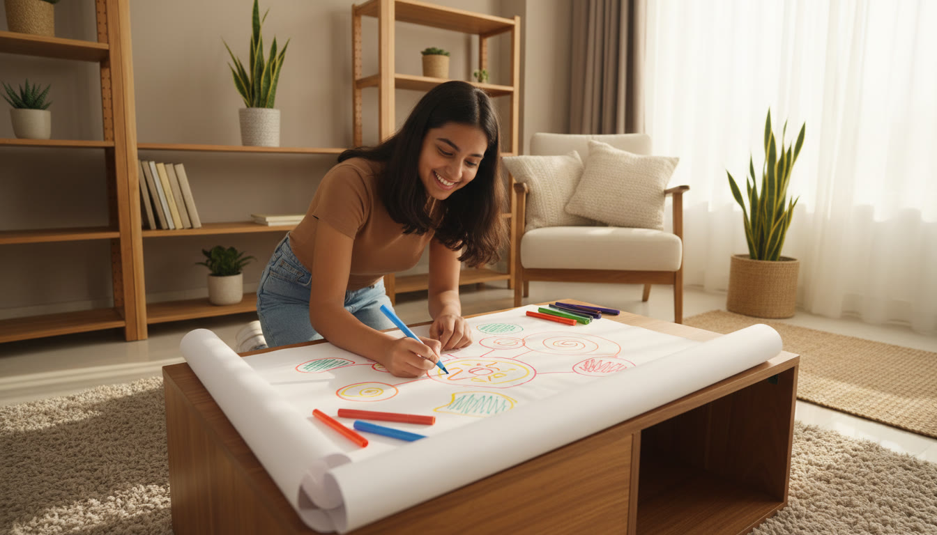 Photo Idea : A student drawing a concept map on a large sheet of paper with colorful markers