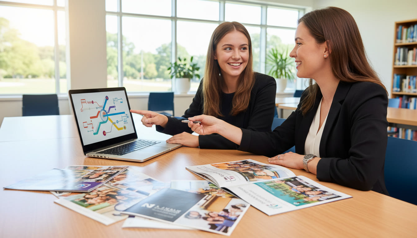 Photo Idea : a confident IB student sitting with their teacher, surrounded by university brochures and a laptop