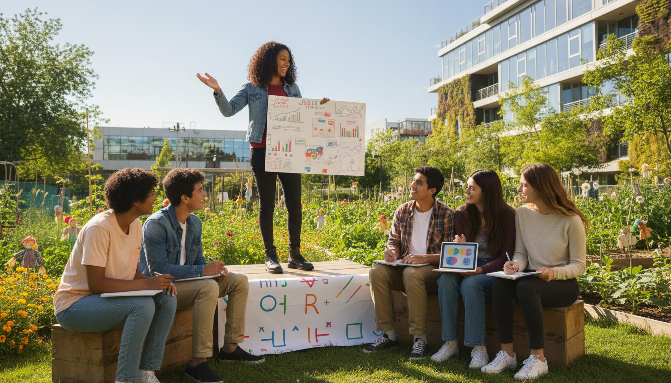 Photo Idea : students presenting a community project outdoors, one student speaking while others take notes