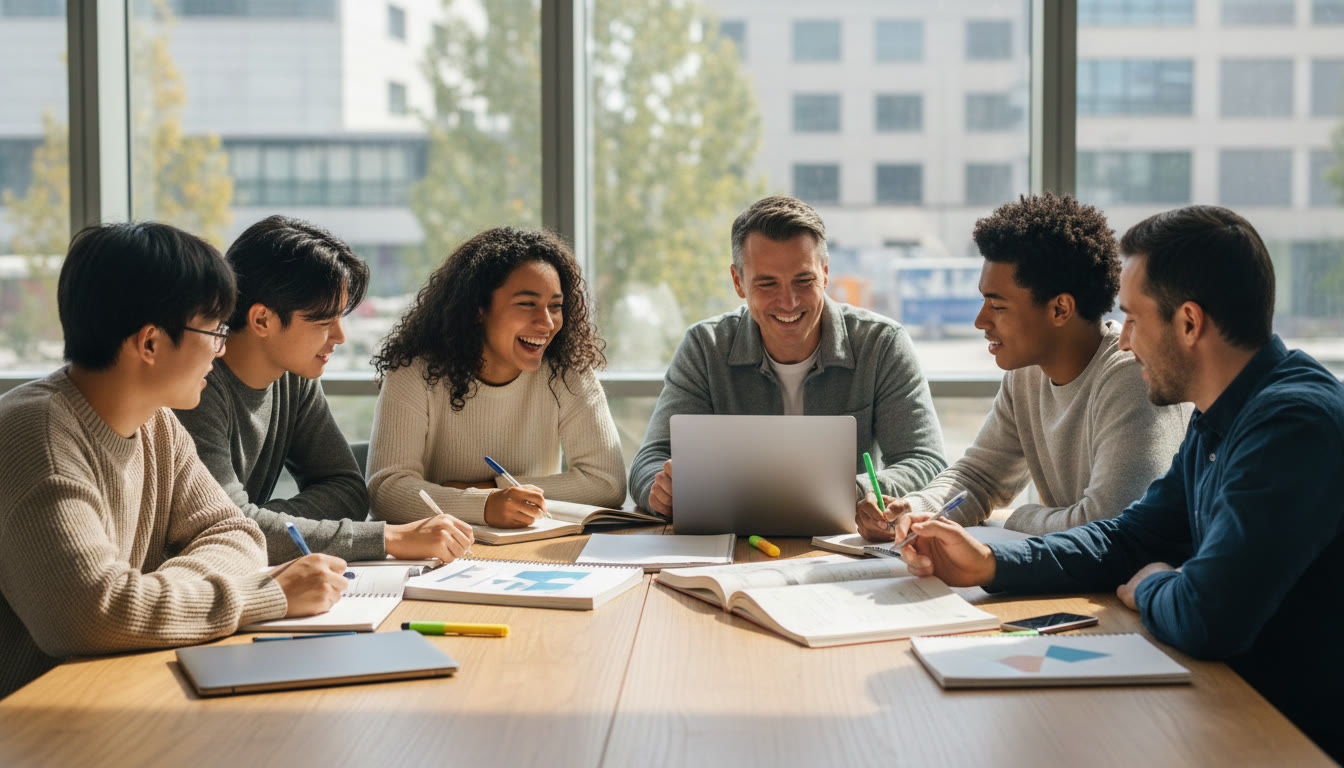 Photo Idea : A diverse group of IB students studying together around a table, notebooks and laptops open, one student smiling as a tutor points something out