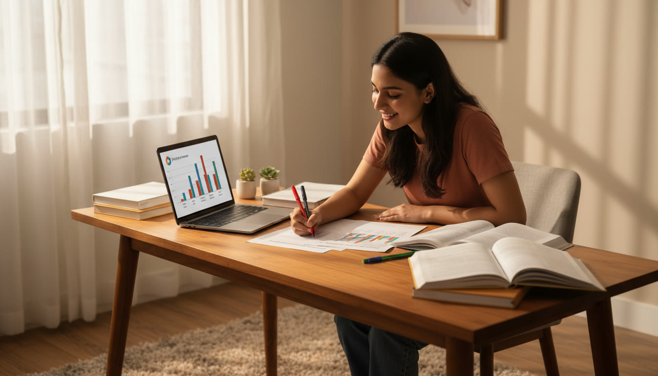 Photo Idea : A student analyzing a mock-test printout with colored pens and a laptop showing performance charts