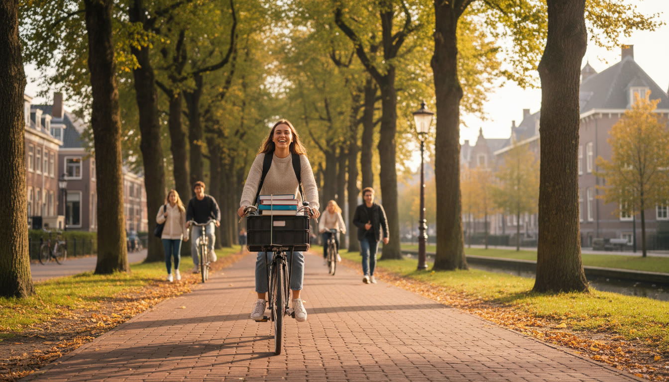 Photo Idea : IB student cycling on a tree-lined Groningen campus path with books in their bag
