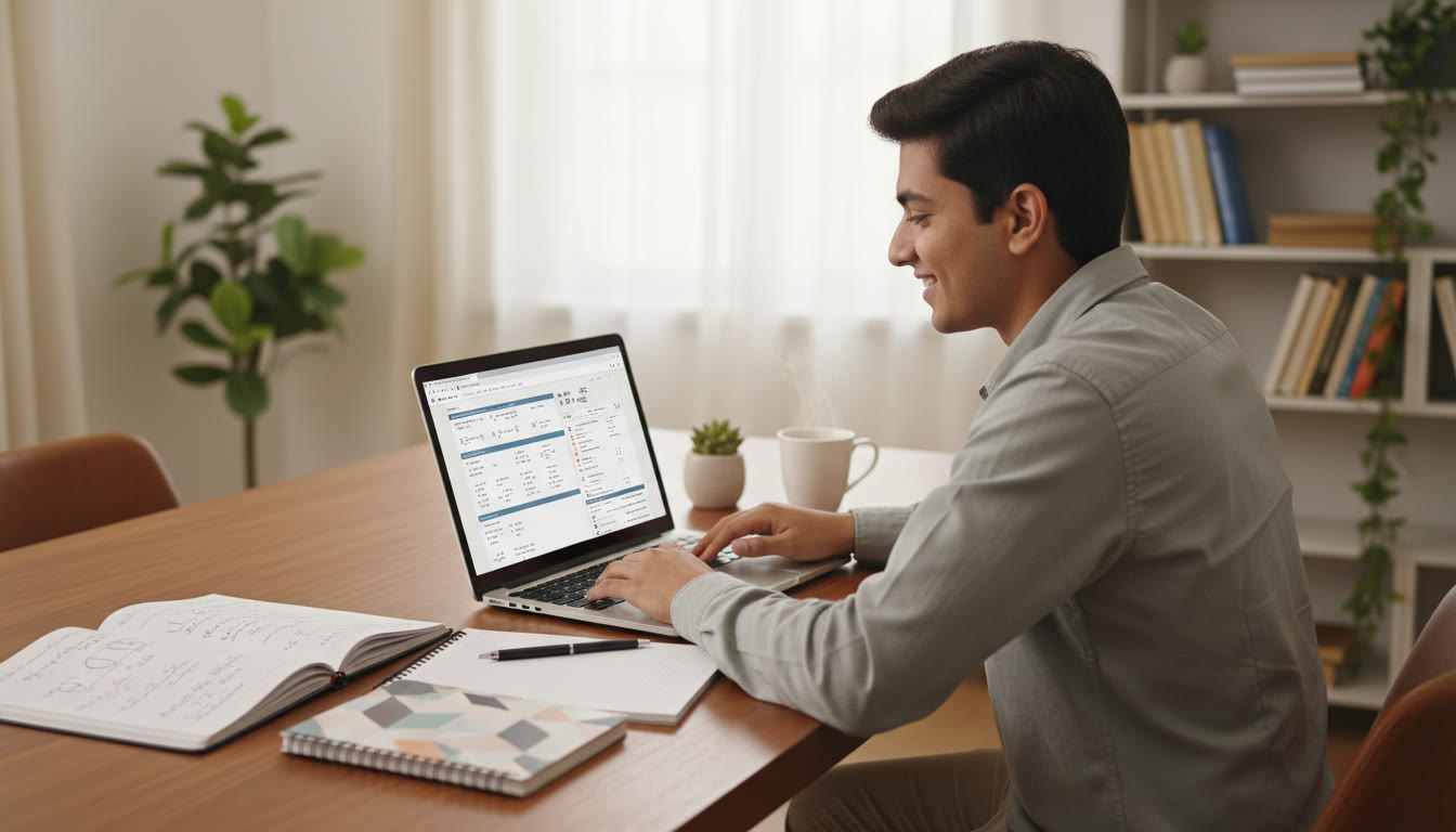 Photo Idea : Focused student at a desk with a laptop showing a full-length mock, open notebooks, and a neat 