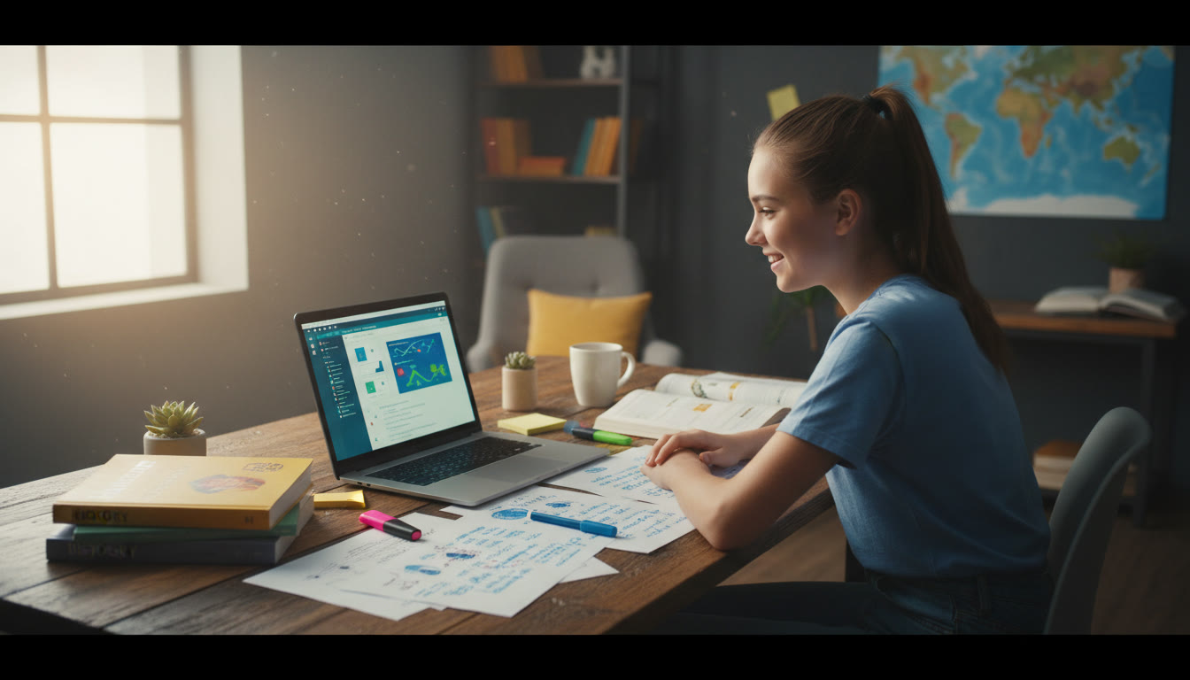 Photo Idea : Student at a desk with laptop displaying a reference manager, surrounded by open books and handwritten notes