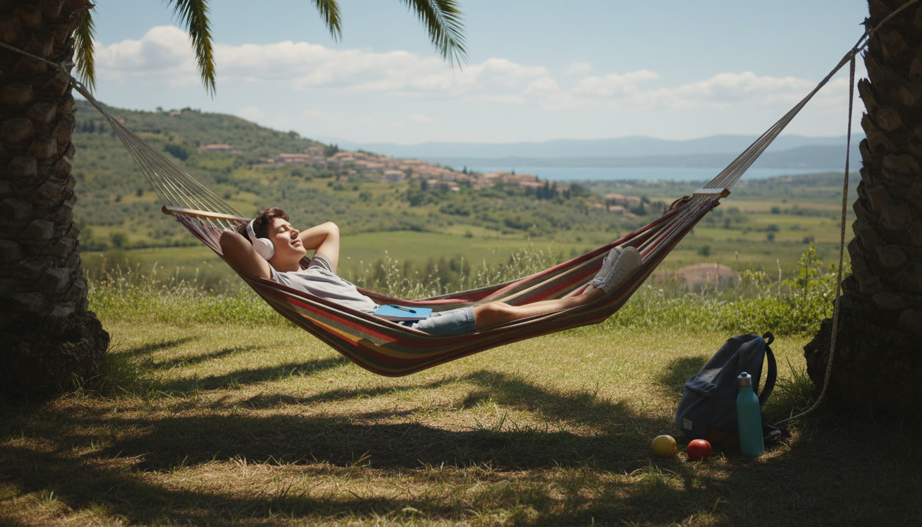 Photo Idea : Teen resting outdoors with headphones, notebook closed, looking relaxed