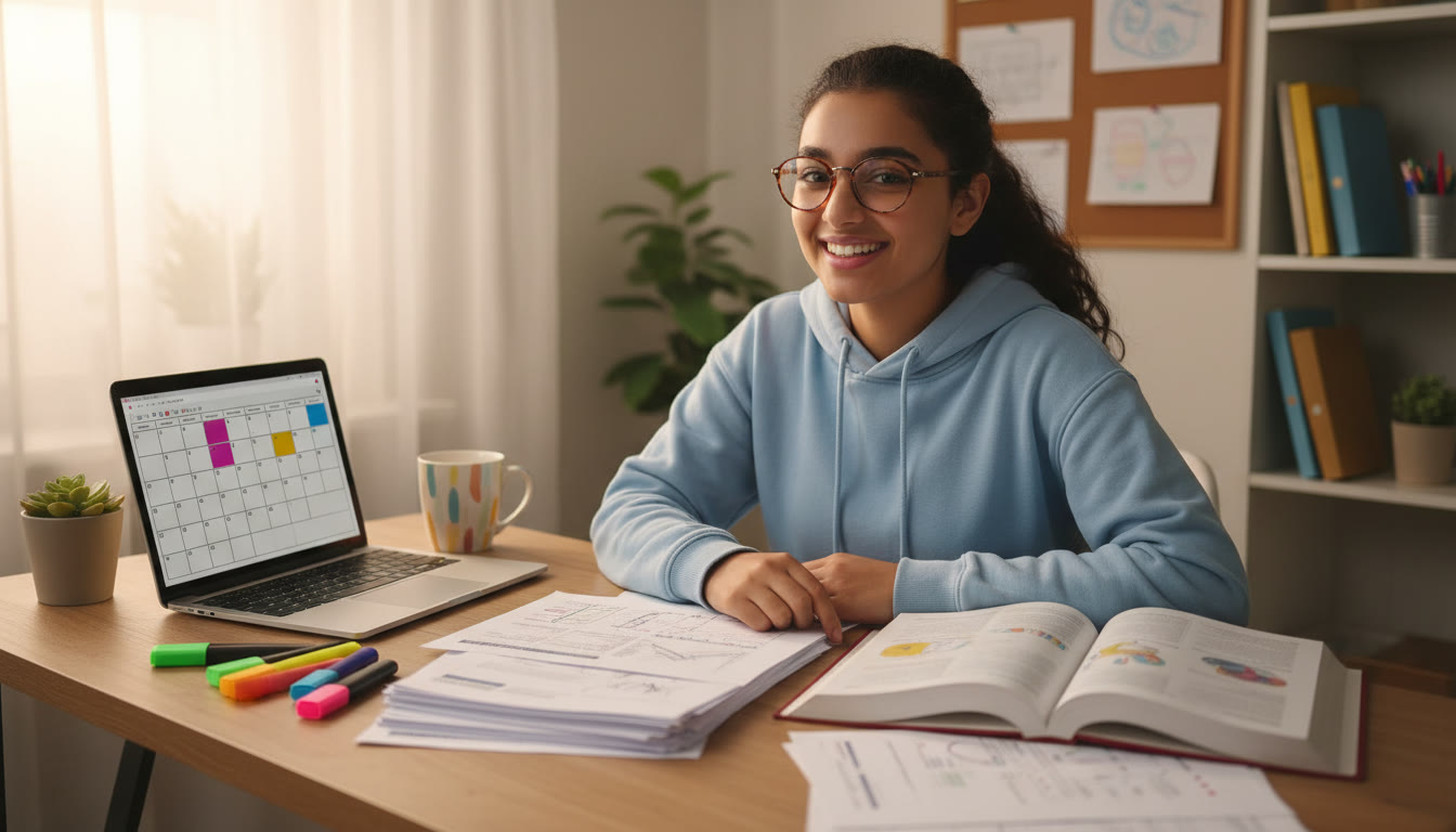 Photo Idea : Student at a tidy desk with highlighters, printed past papers, and a laptop showing a revision calendar