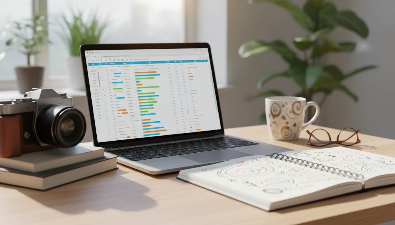 Photo Idea : A laptop screen showing a CAS tracker spreadsheet, with a camera and notebook nearby