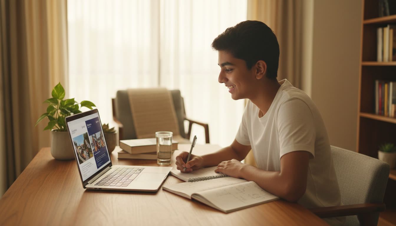 Photo Idea : A focused student at a desk, comparing two college brochures on a laptop while taking notes.