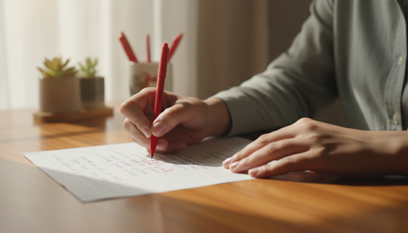 Photo Idea : a close-up of hands solving a math problem on paper with a red pen marking corrections and notes