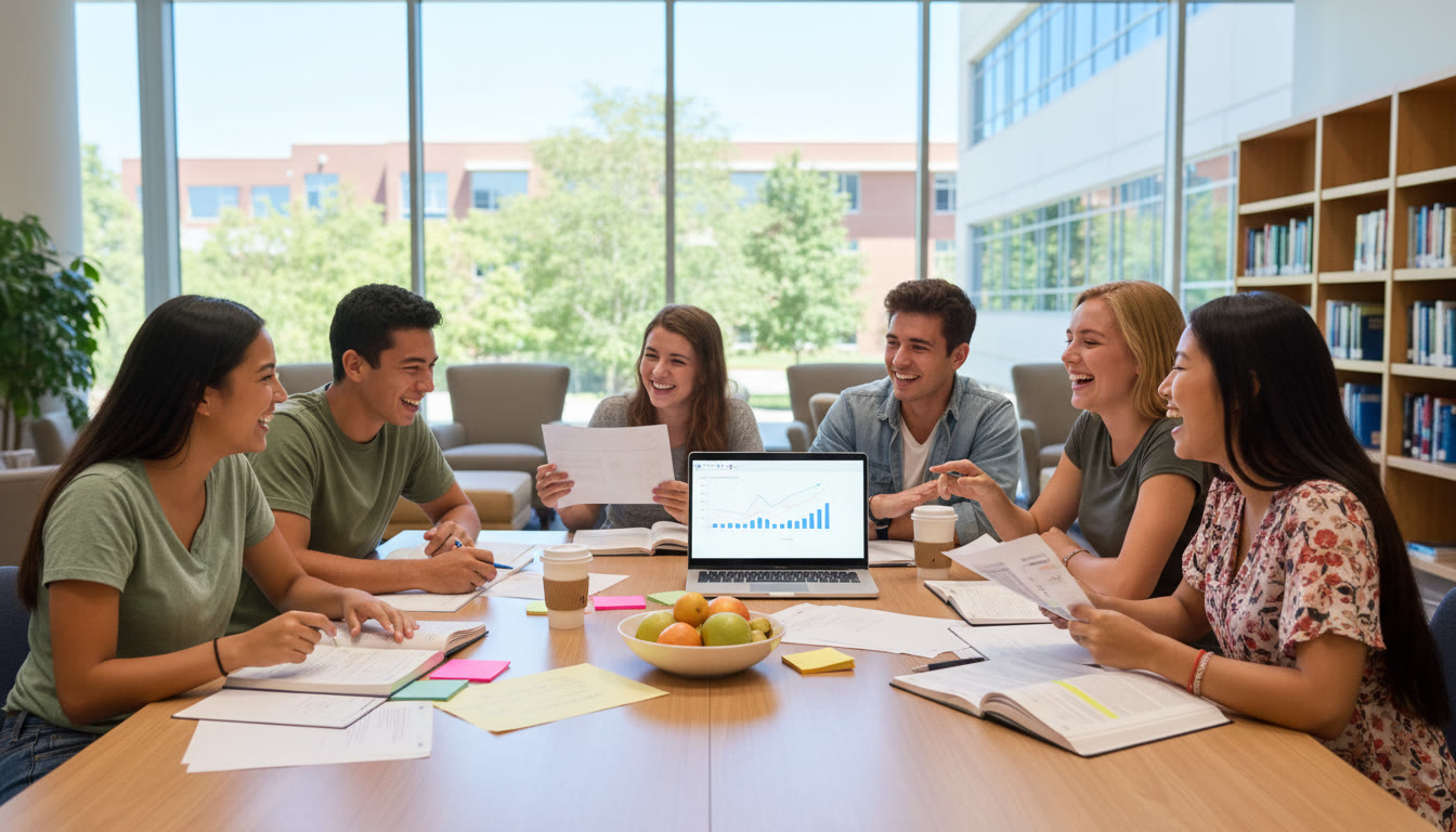 Photo Idea : students clustered around a table with open notebooks, annotated sources, and a laptop during a study session