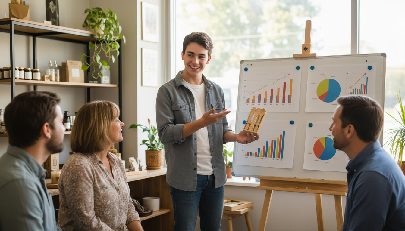 Photo Idea : Student pitching a simple product prototype to local shop owners with a whiteboard of metrics behind