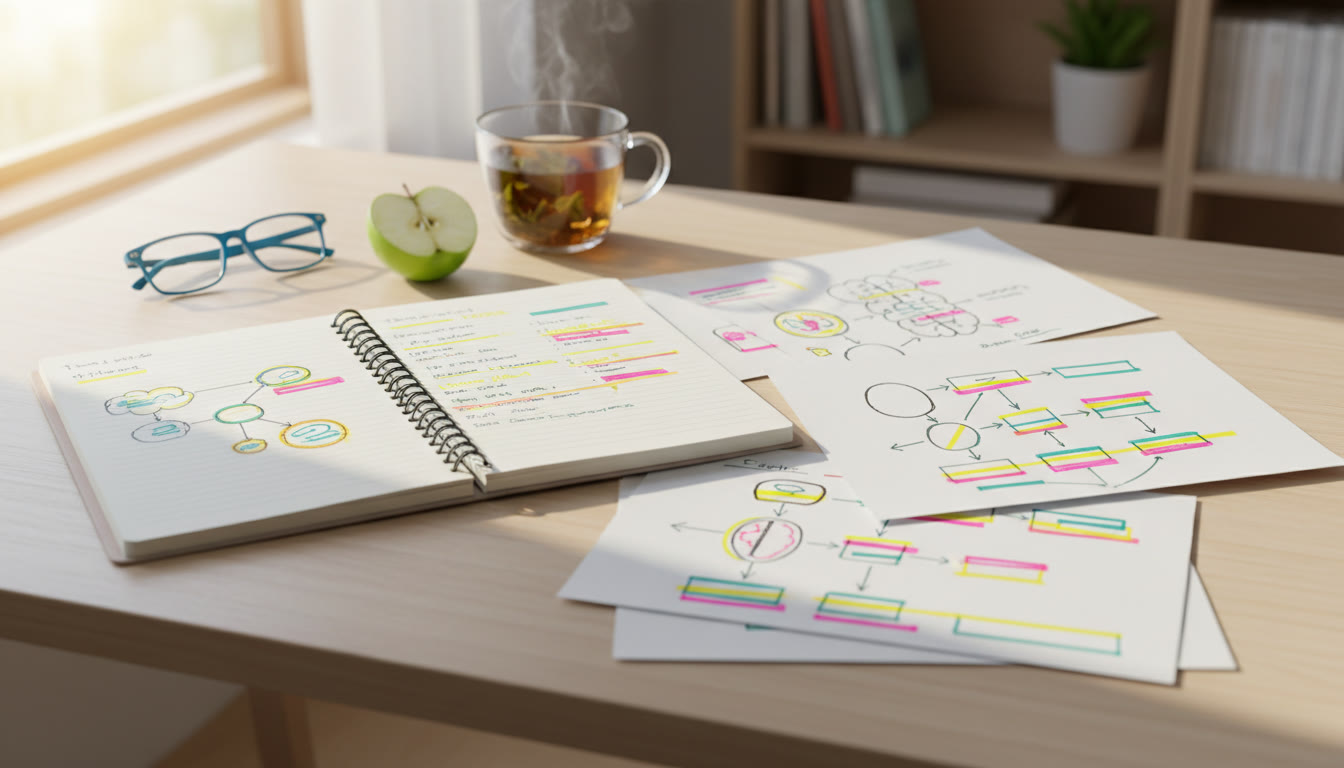 Photo Idea : open extended essay notebook and TOK notes with highlighted passages connecting methods and knowledge claims