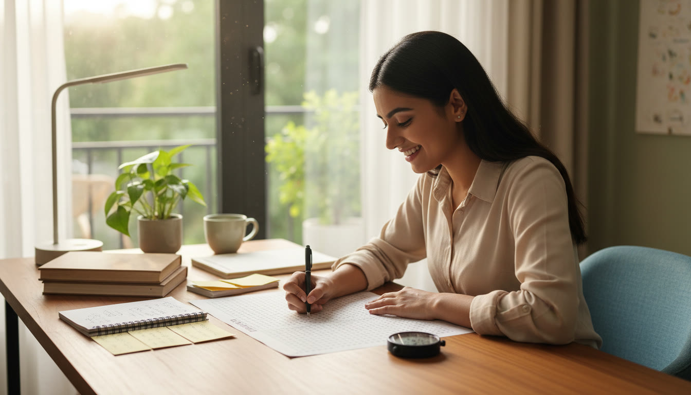 Photo Idea : student filling OMR answer sheet with stopwatch and neat study notes on the table