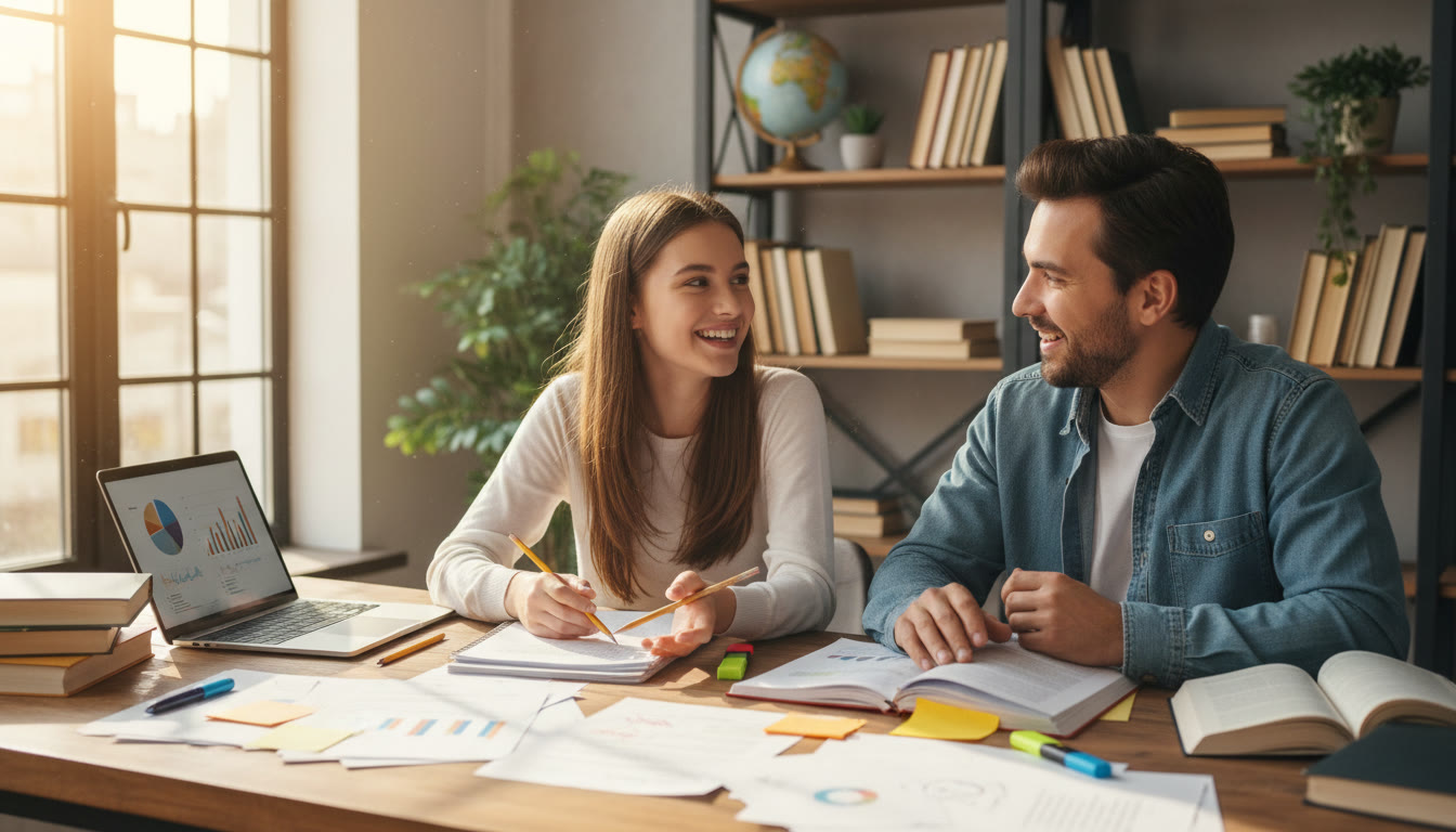 Photo Idea : A student and tutor discussing annotated essays at a desk with a laptop and notes