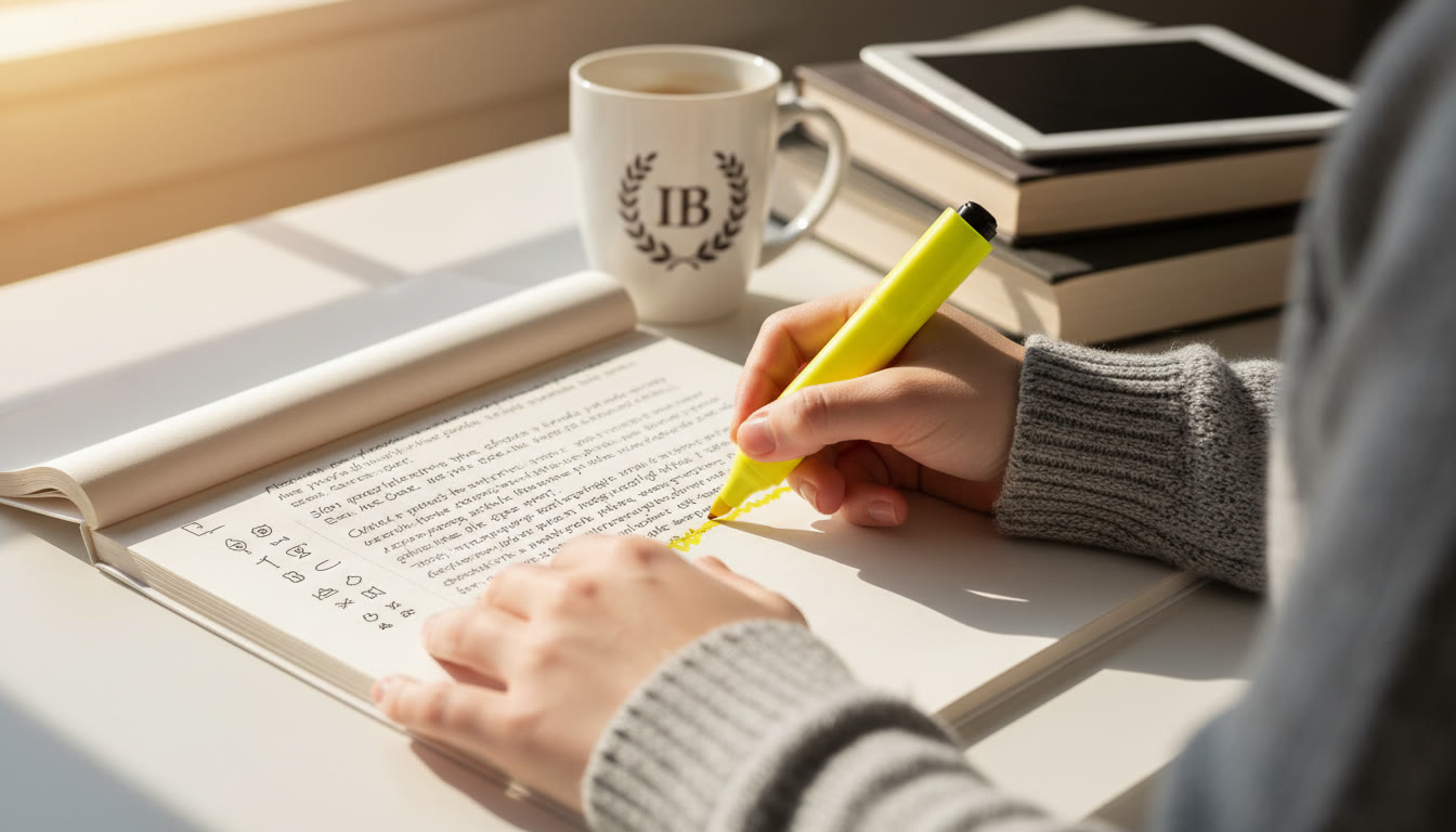 Photo Idea : Close-up of a student underlining a thesis in a printed exam paper with annotated margin notes
