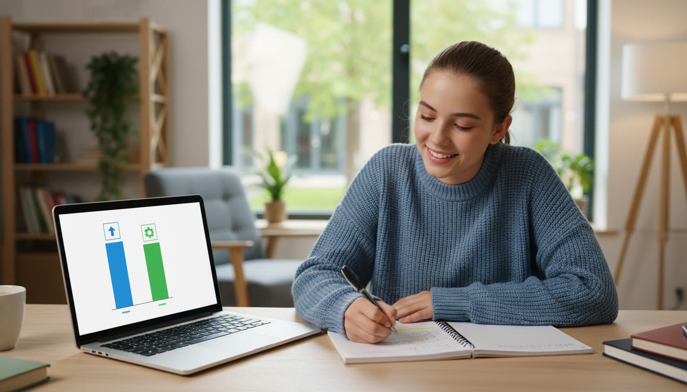 Photo Idea : Student writing notes next to a laptop showing a simple career comparison chart