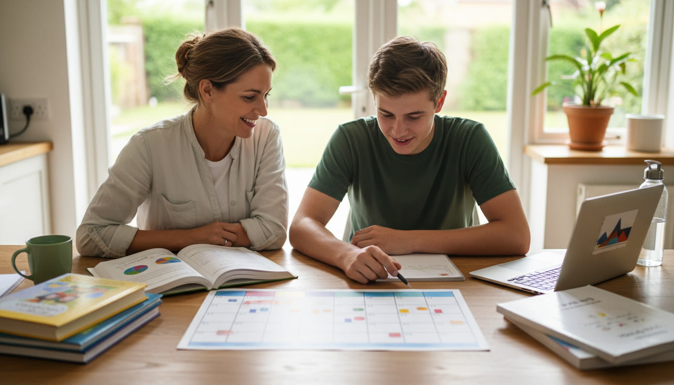 Photo Idea : Parent and student studying together at a kitchen table with textbooks, a laptop, and a printed calendar visible